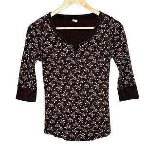 Gap Y2K Floral Henley Top Brown Womens XS Ribbed Pointelle Cottagecore Dainty